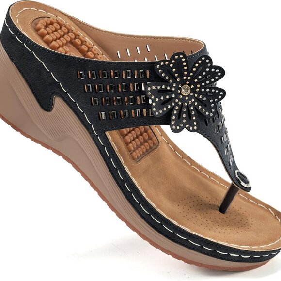 Women Wedge Sandals Flip Flops Cushion Footbed Rubber Sole Summer Shoes - Picture 1 of 7